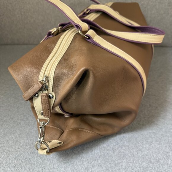 Levenger Taupe Brown Cream Purple Overnight Travel Bag Shoulder Duffel Weekend - Picture 2 of 16